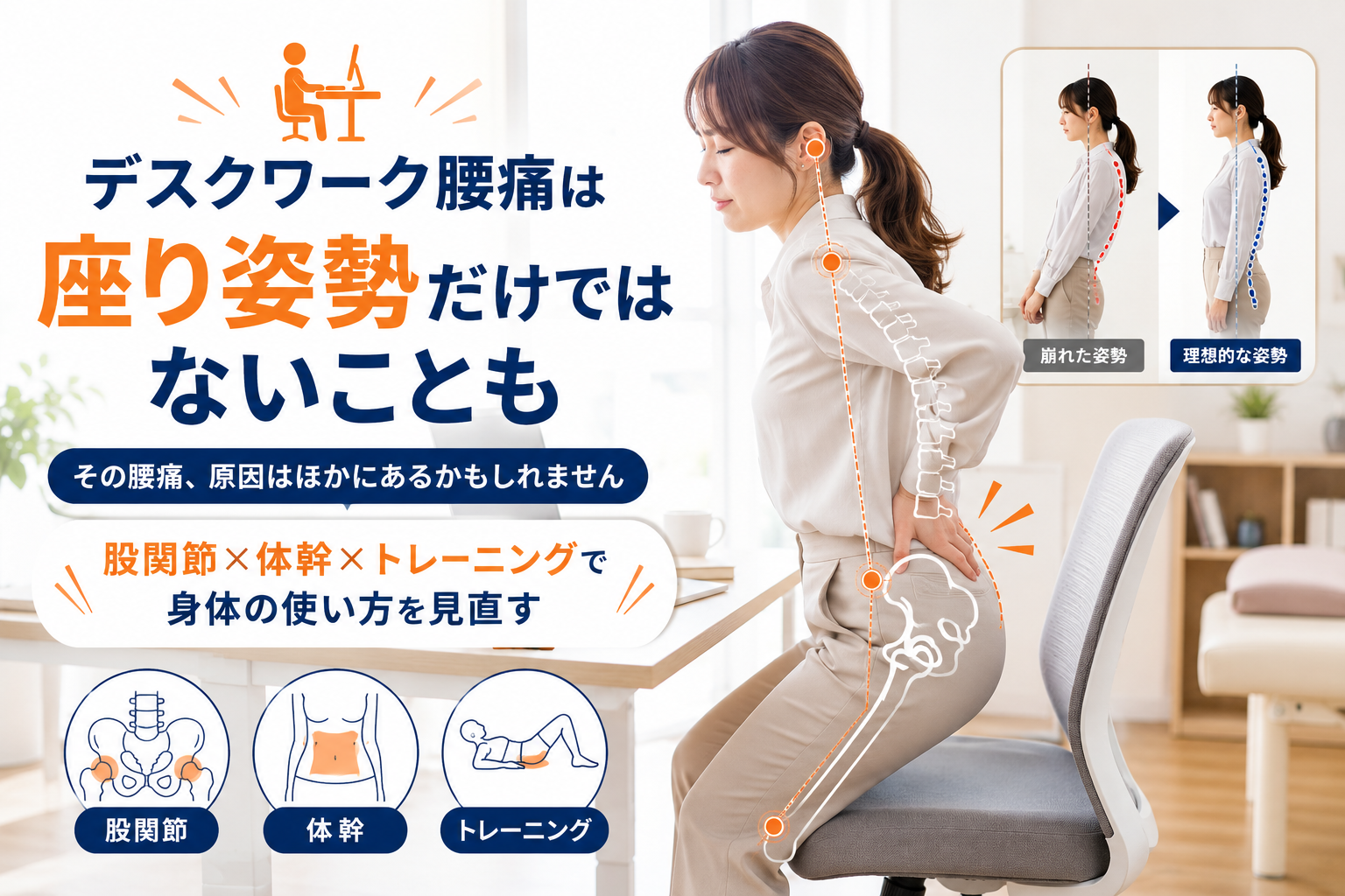 デスクワークによる腰痛に悩む女性が姿勢改善を相談するイメージ