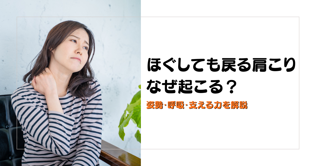 みらい平Life Fun鍼灸接骨院のブログ用アイキャッチ。ほぐしても戻る肩こりの理由を、姿勢・呼吸・支える力の関係から解説するデザイン。