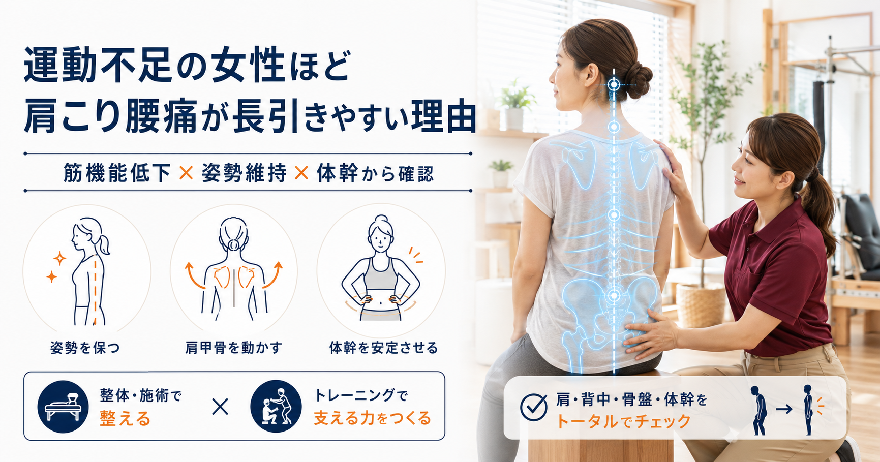 みらい平Life Fun鍼灸接骨院で運動不足による肩こり腰痛に対して姿勢分析と体幹、筋機能を確認している女性向けアイキャッチ画像