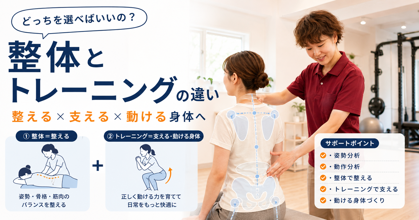 みらい平Life Fun鍼灸接骨院で整体とトレーニングの違いについて女性施術者が姿勢や動作、体幹、骨盤の状態を確認しているアイキャッチ画像