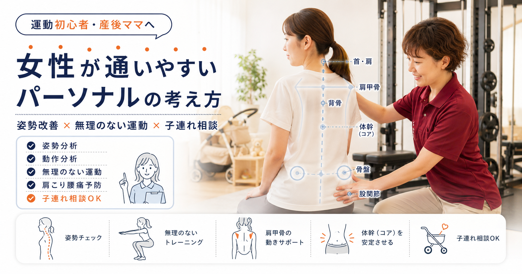みらい平Life Fun鍼灸接骨院で女性が通いやすいパーソナルトレーニングについて女性施術者が姿勢や体幹、肩甲骨、骨盤の状態を確認しているアイキャッチ画像