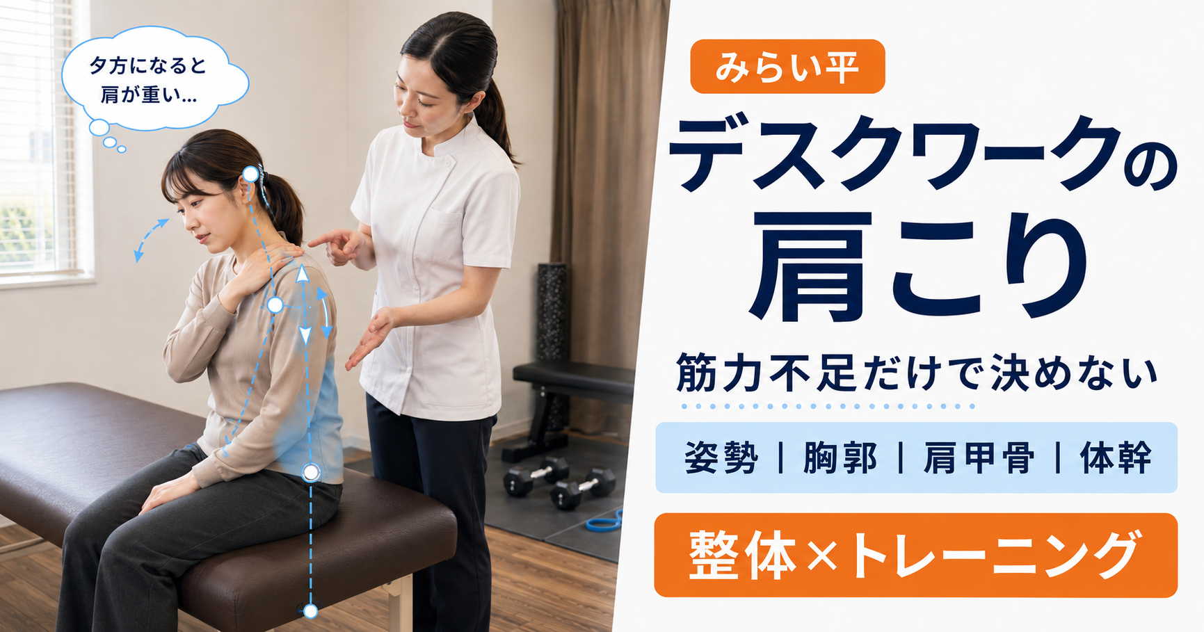 デスクワーク肩こりについて姿勢と肩甲骨を確認するみらい平の女性施術者