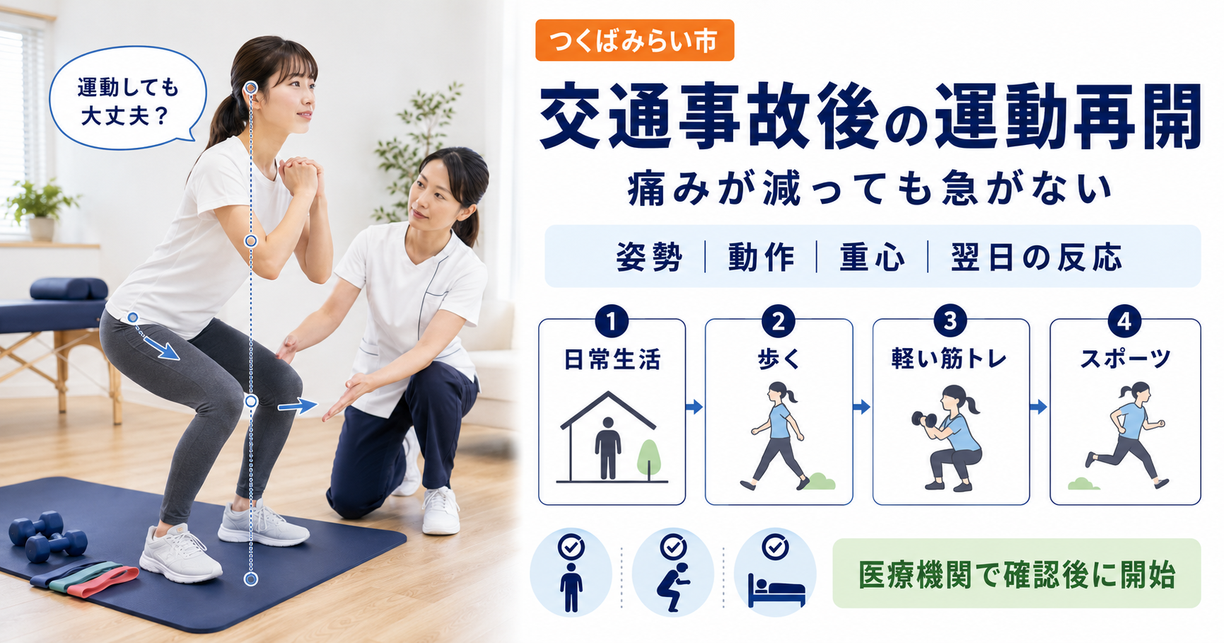 交通事故後の運動再開について、女性施術者が患者の姿勢とスクワット動作を確認している様子