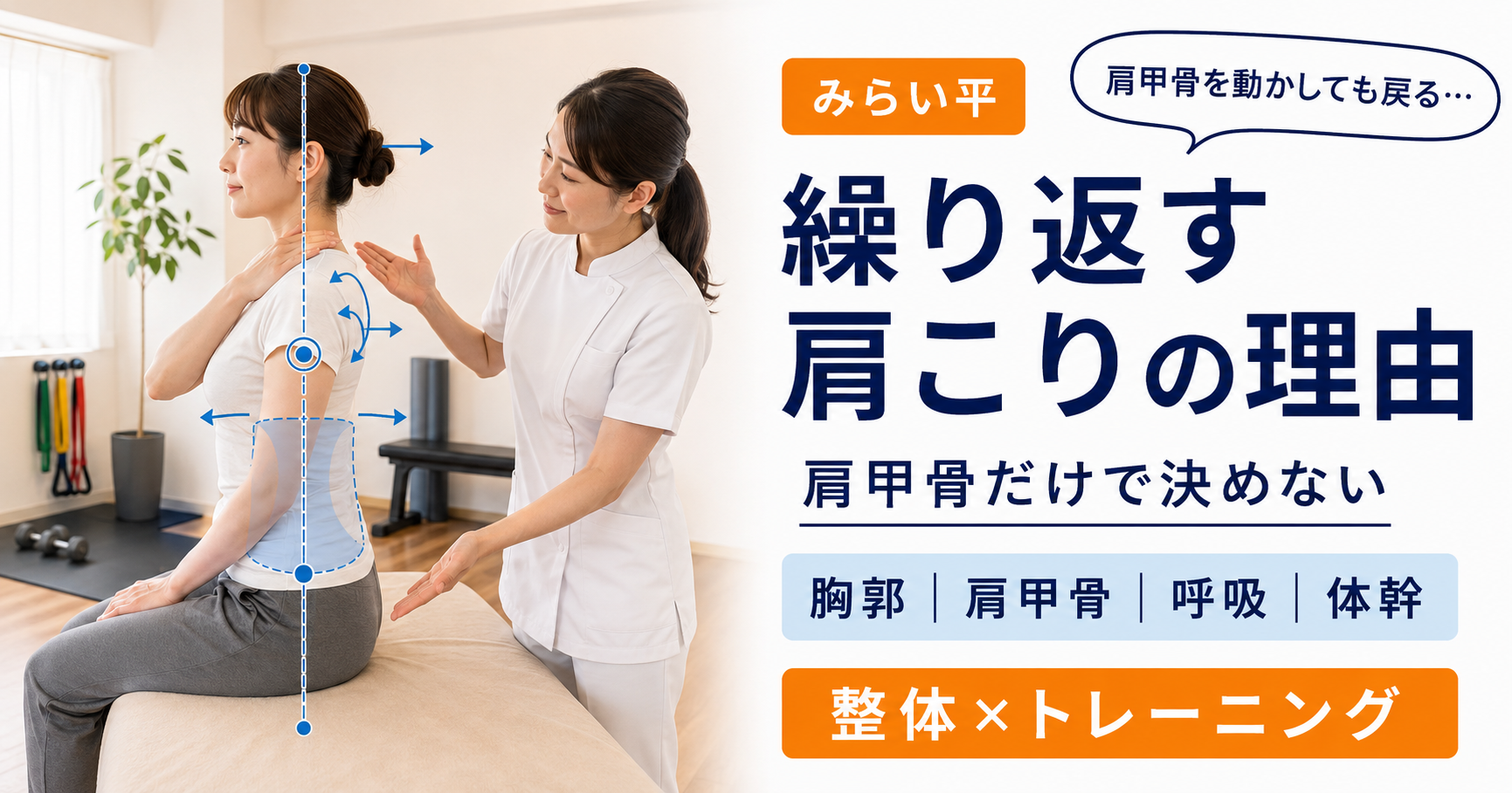 肩甲骨を動かしても繰り返す肩こりについて女性施術者へ相談するみらい平の女性
